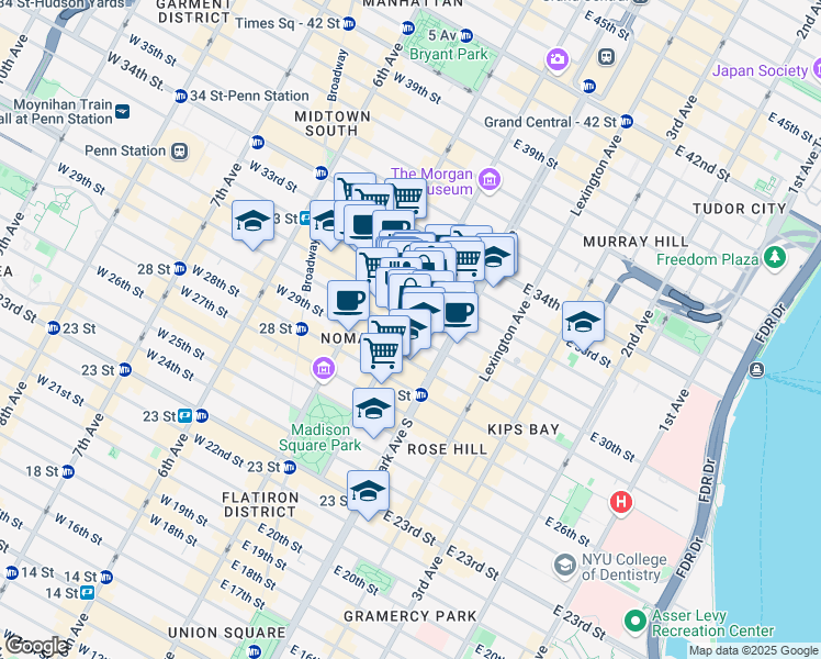 map of restaurants, bars, coffee shops, grocery stores, and more near 147 Madison Avenue in New York