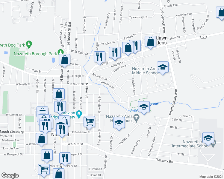 map of restaurants, bars, coffee shops, grocery stores, and more near 466 Moravian Street in Nazareth