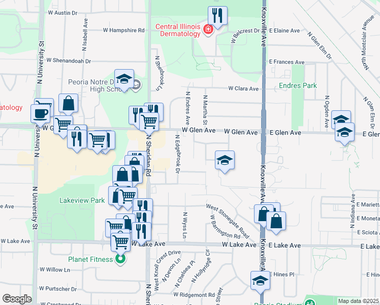 map of restaurants, bars, coffee shops, grocery stores, and more near 4815 North Idlewood Court in Peoria