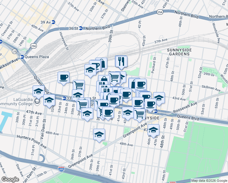 map of restaurants, bars, coffee shops, grocery stores, and more near 43-08 40th Street in Queens