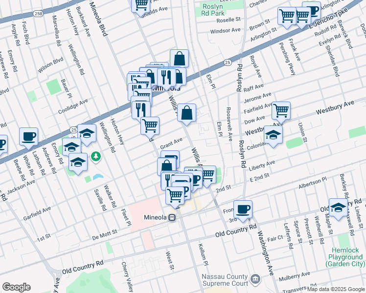 map of restaurants, bars, coffee shops, grocery stores, and more near 199 Willis Avenue in Mineola