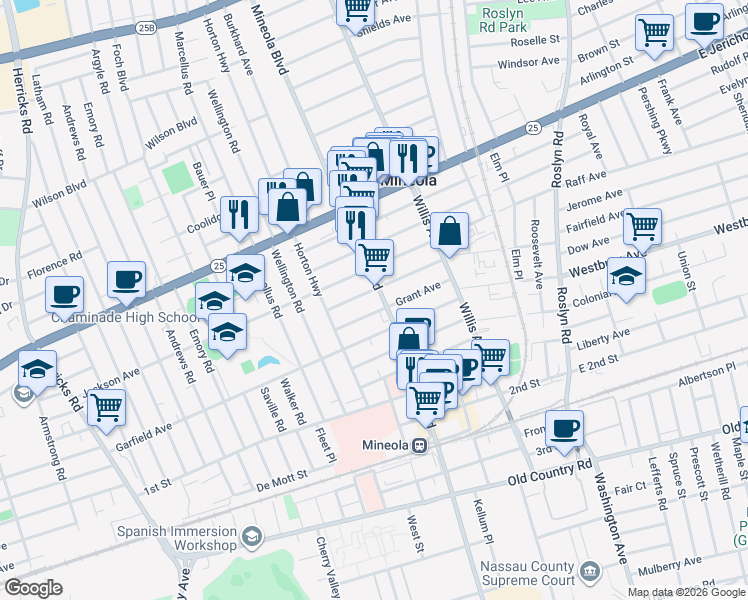 map of restaurants, bars, coffee shops, grocery stores, and more near 220 Mineola Boulevard in Mineola