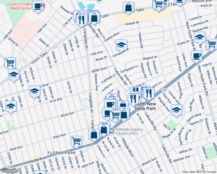 map of restaurants, bars, coffee shops, grocery stores, and more near 5 Irving Lane in New Hyde Park