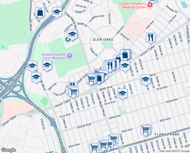 map of restaurants, bars, coffee shops, grocery stores, and more near 254-11 75th Avenue in Queens