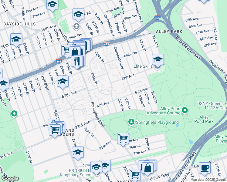 map of restaurants, bars, coffee shops, grocery stores, and more near 224-18 67th Avenue in Queens