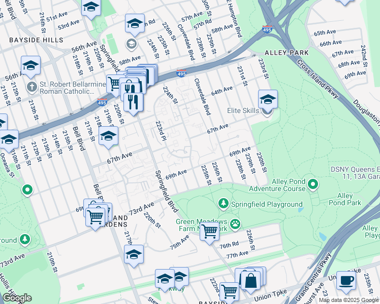 map of restaurants, bars, coffee shops, grocery stores, and more near 67-14 224 Street in Queens