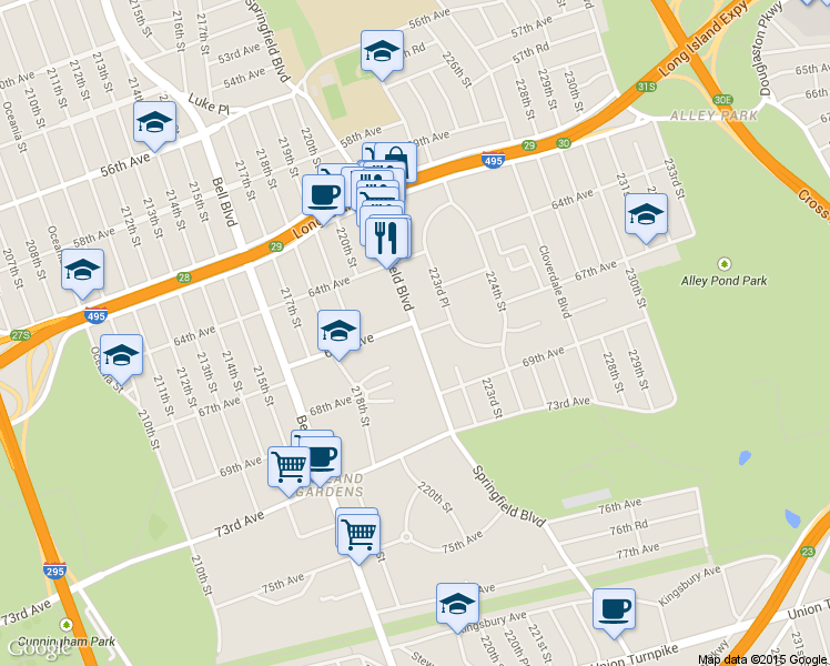 map of restaurants, bars, coffee shops, grocery stores, and more near 64-43 Springfield Boulevard in Queens