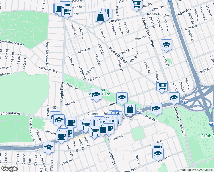 map of restaurants, bars, coffee shops, grocery stores, and more near 53-12 192nd Street in Queens