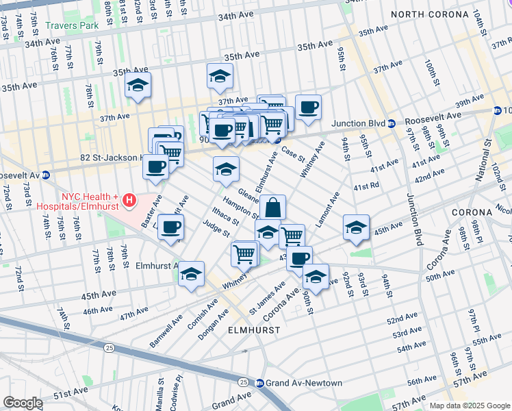 map of restaurants, bars, coffee shops, grocery stores, and more near 88-11 Elmhurst Avenue in Queens