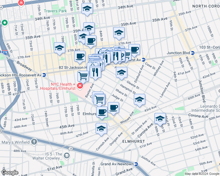 map of restaurants, bars, coffee shops, grocery stores, and more near 40-56 Hampton Street in Queens