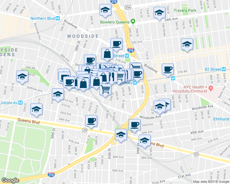 map of restaurants, bars, coffee shops, grocery stores, and more near 6410 Roosevelt Avenue in Queens