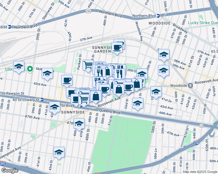 map of restaurants, bars, coffee shops, grocery stores, and more near in Queens
