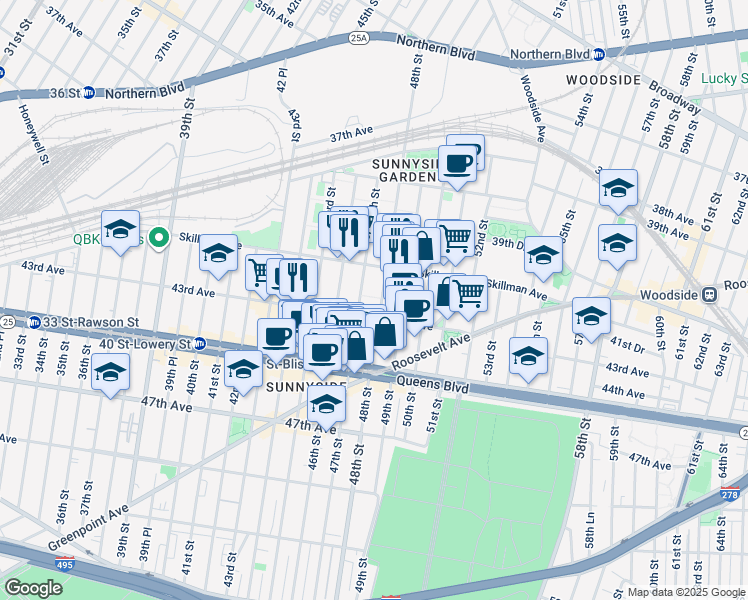 map of restaurants, bars, coffee shops, grocery stores, and more near 41-13 47th Street in Queens