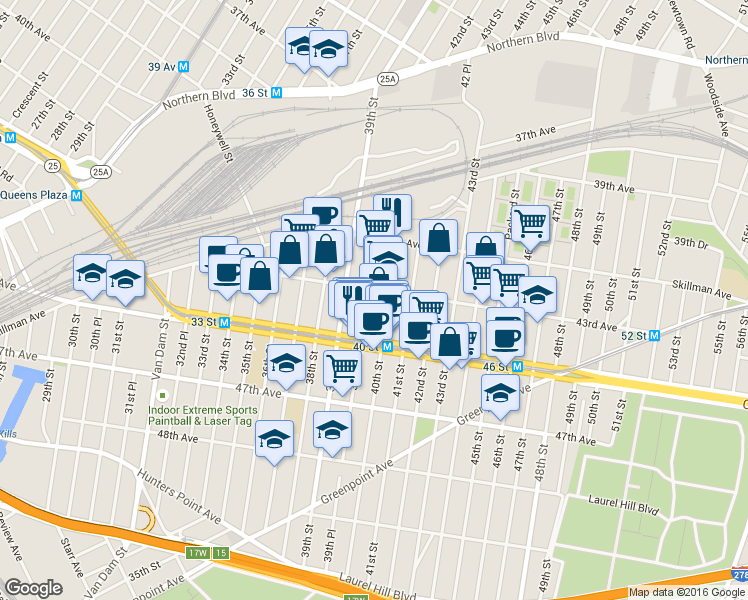 map of restaurants, bars, coffee shops, grocery stores, and more near in Queens