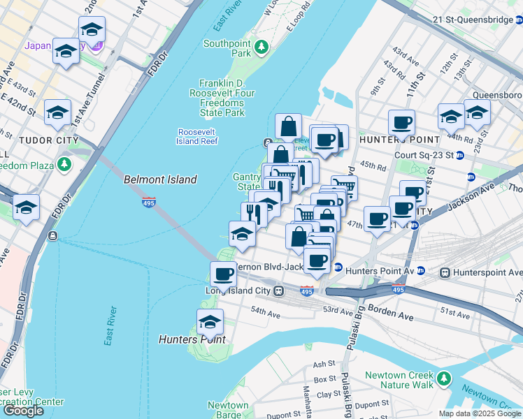 map of restaurants, bars, coffee shops, grocery stores, and more near 4720 Center Boulevard in Queens