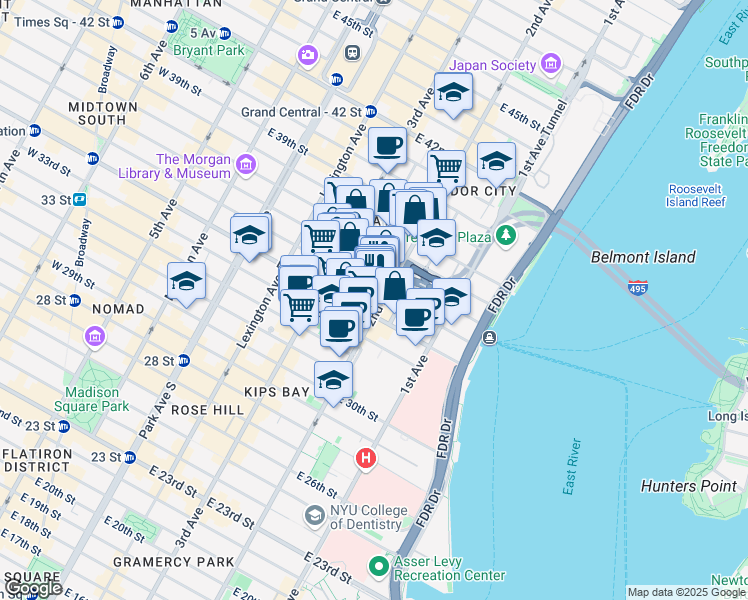 map of restaurants, bars, coffee shops, grocery stores, and more near 649 2nd Avenue in New York