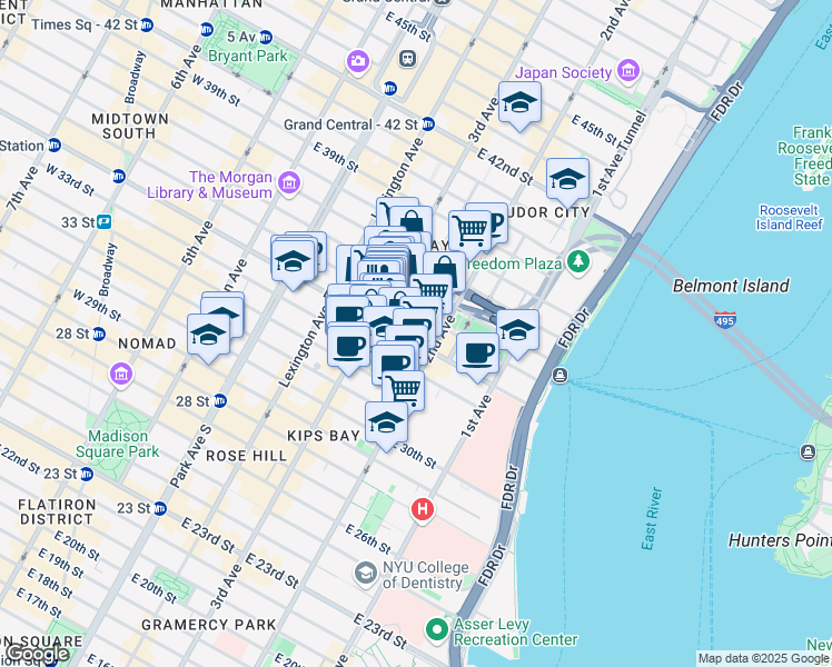map of restaurants, bars, coffee shops, grocery stores, and more near 214 East 35th Street in New York