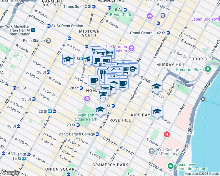 map of restaurants, bars, coffee shops, grocery stores, and more near 147 Madison Avenue in New York
