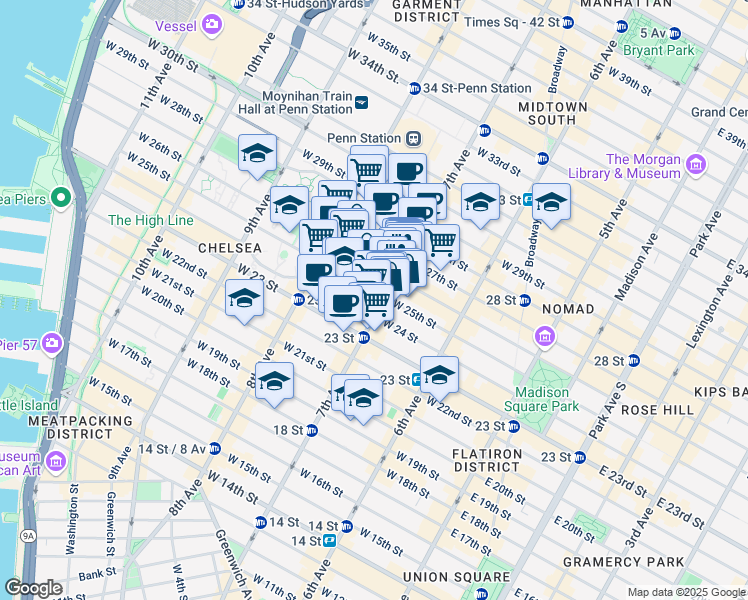 map of restaurants, bars, coffee shops, grocery stores, and more near 220w West 26th Street in New York