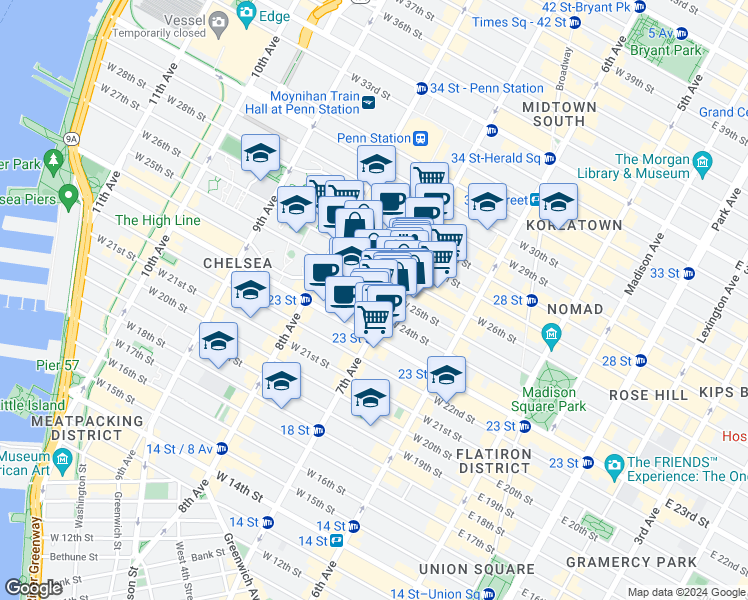 map of restaurants, bars, coffee shops, grocery stores, and more near 220w West 26th Street in New York