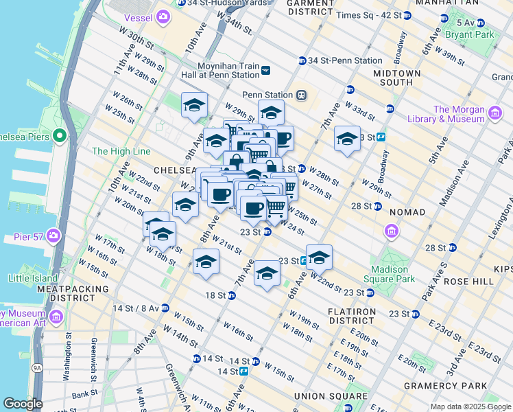 map of restaurants, bars, coffee shops, grocery stores, and more near 231 West 24th Street in New York