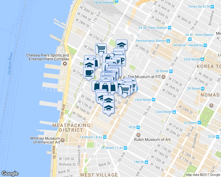 map of restaurants, bars, coffee shops, grocery stores, and more near 414 West 22nd Street in New York