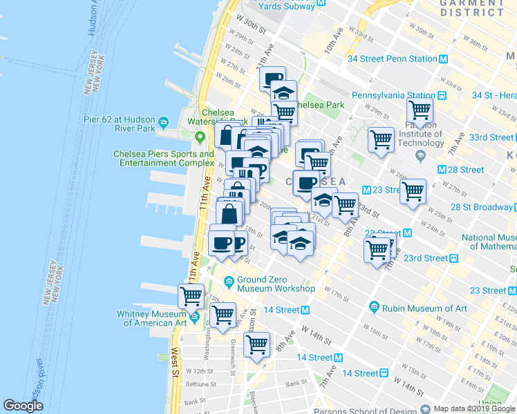 map of restaurants, bars, coffee shops, grocery stores, and more near 153 10th Avenue in New York