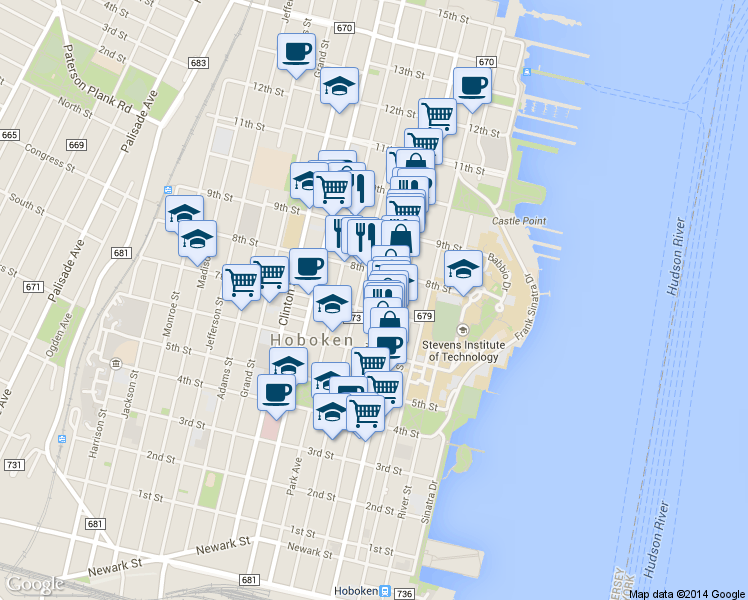 map of restaurants, bars, coffee shops, grocery stores, and more near 157 8th Street in Hoboken