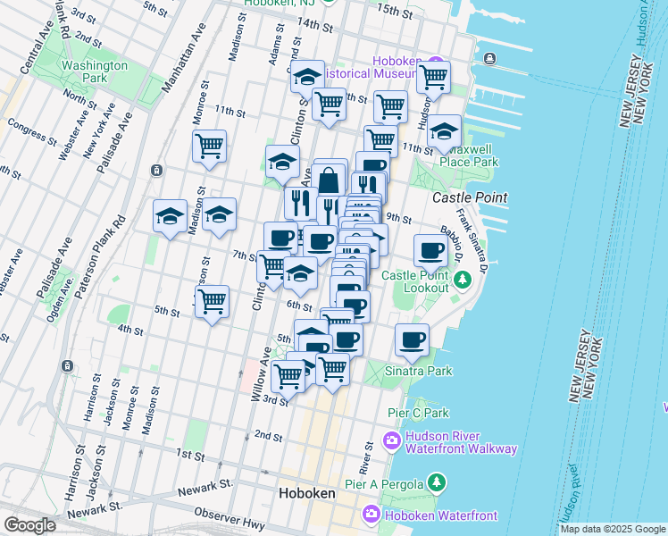 map of restaurants, bars, coffee shops, grocery stores, and more near 157 8th Street in Hoboken