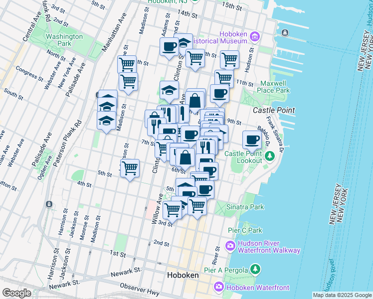 map of restaurants, bars, coffee shops, grocery stores, and more near 727 Park Avenue in Hoboken