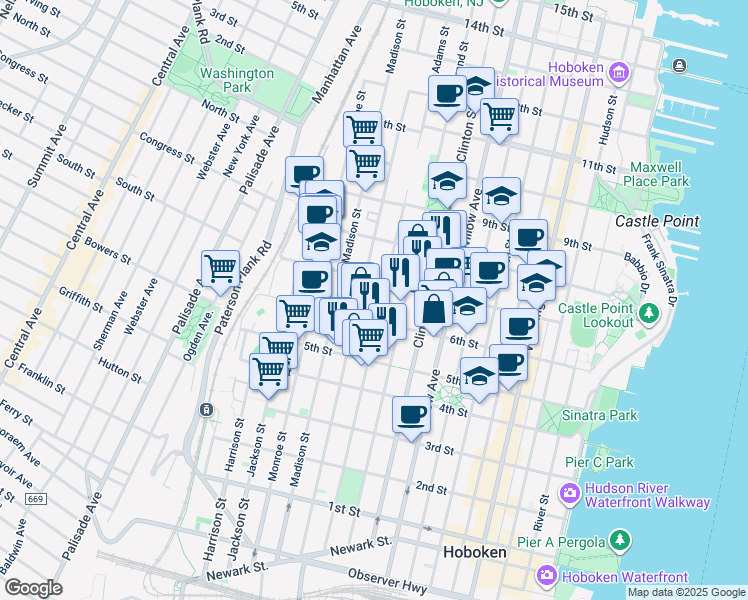 map of restaurants, bars, coffee shops, grocery stores, and more near 711 Adams Street in Hoboken