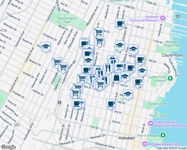 map of restaurants, bars, coffee shops, grocery stores, and more near 625 Madison Street in Hoboken