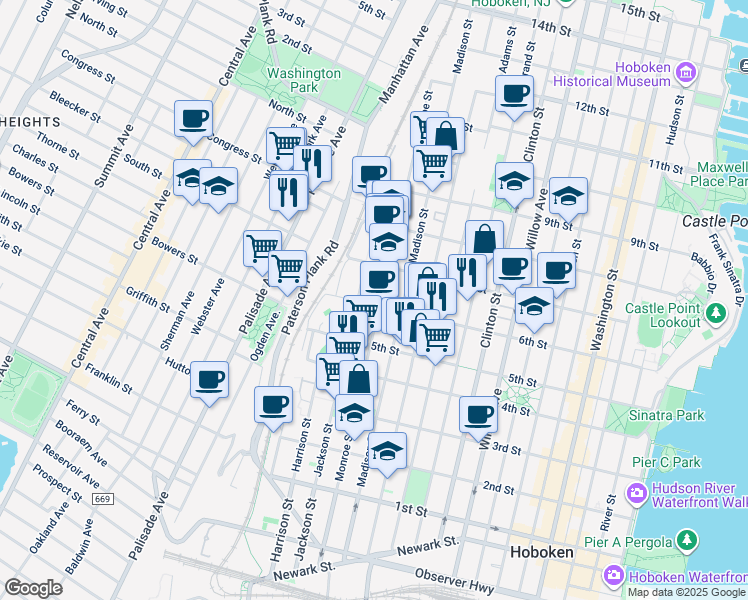 map of restaurants, bars, coffee shops, grocery stores, and more near 622 Monroe Street in Hoboken