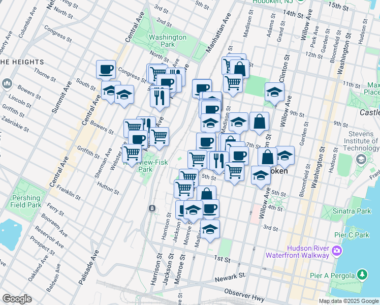 map of restaurants, bars, coffee shops, grocery stores, and more near 601 Harrison Street in Hoboken