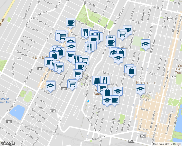 map of restaurants, bars, coffee shops, grocery stores, and more near 360 Ogden Avenue in Jersey City