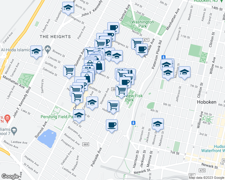 map of restaurants, bars, coffee shops, grocery stores, and more near 156 Sherman Avenue in Jersey City