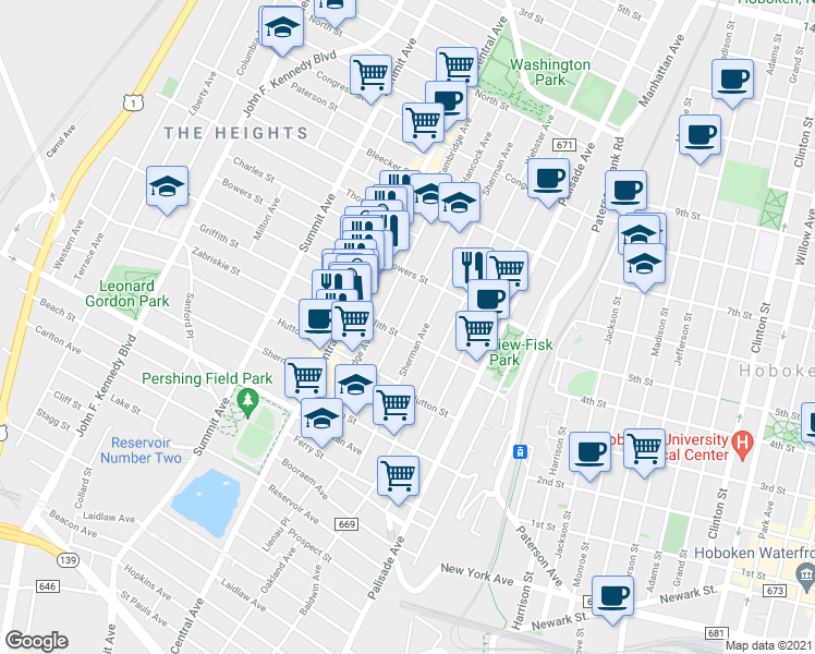 map of restaurants, bars, coffee shops, grocery stores, and more near 95 Hancock Avenue in Jersey City