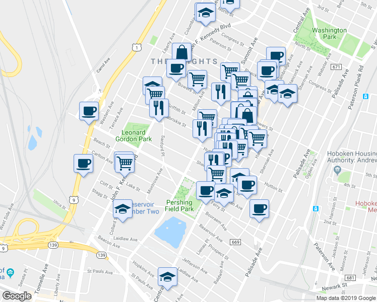 map of restaurants, bars, coffee shops, grocery stores, and more near in Hudson County