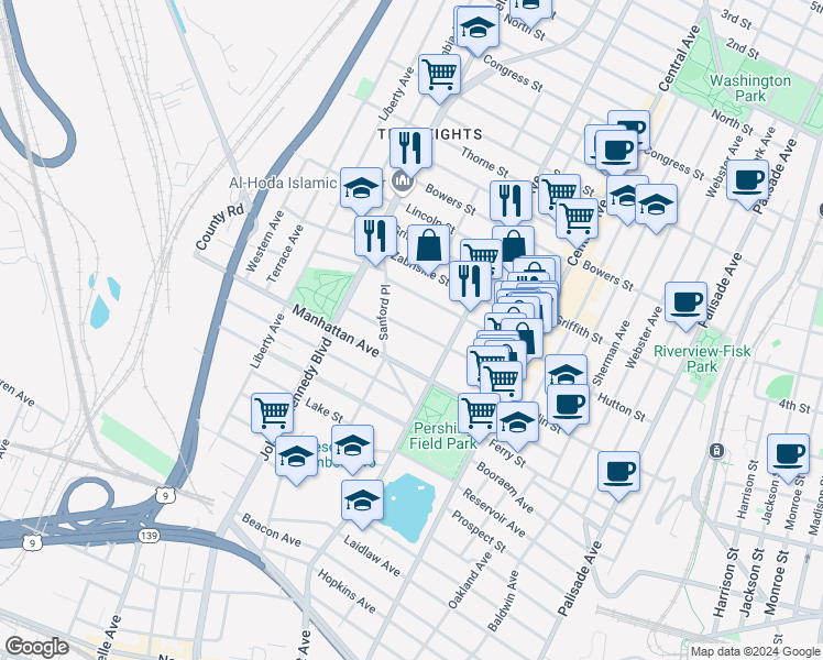 map of restaurants, bars, coffee shops, grocery stores, and more near 102 Sherman Place in Jersey City