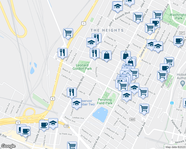 map of restaurants, bars, coffee shops, grocery stores, and more near 134 Sherman Place in Jersey City