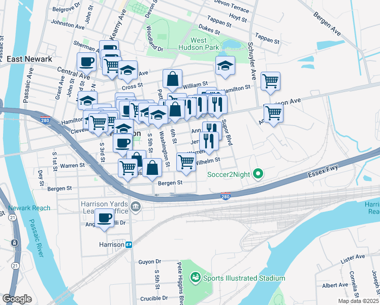 map of restaurants, bars, coffee shops, grocery stores, and more near 620 Jersey Street in Harrison