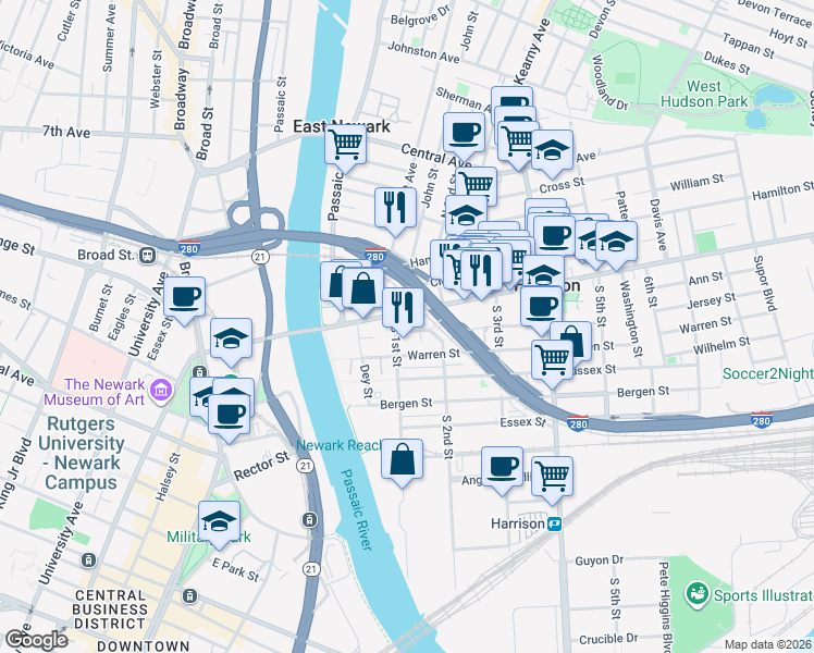 map of restaurants, bars, coffee shops, grocery stores, and more near 112 Harrison Avenue in Harrison