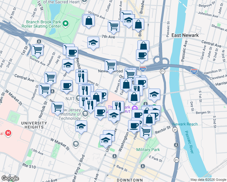 map of restaurants, bars, coffee shops, grocery stores, and more near 245 Doctor Martin Luther King Junior Boulevard in Newark