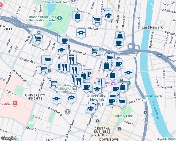 map of restaurants, bars, coffee shops, grocery stores, and more near 131 James Street in Newark