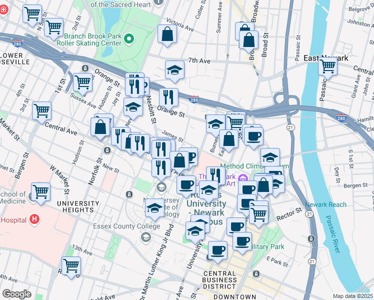 map of restaurants, bars, coffee shops, grocery stores, and more near 131 James Street in Newark