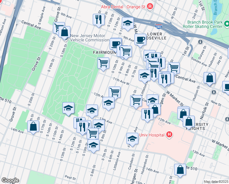 map of restaurants, bars, coffee shops, grocery stores, and more near 196 South 10th Street in Newark