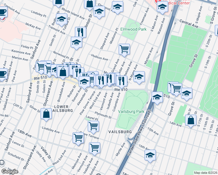 map of restaurants, bars, coffee shops, grocery stores, and more near 21 Cedar Avenue in Newark