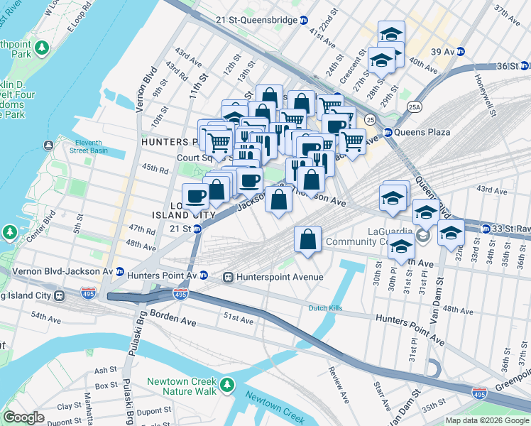 map of restaurants, bars, coffee shops, grocery stores, and more near in Queens
