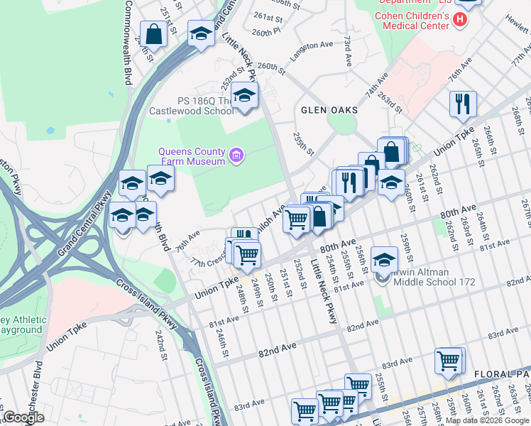 map of restaurants, bars, coffee shops, grocery stores, and more near 250-25 Elkmont Avenue in Queens