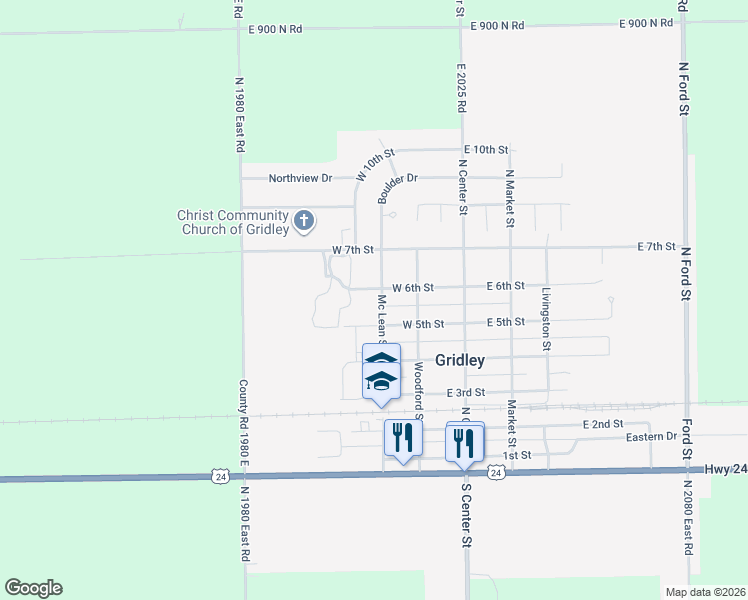 map of restaurants, bars, coffee shops, grocery stores, and more near 306 West 6th Street in Gridley